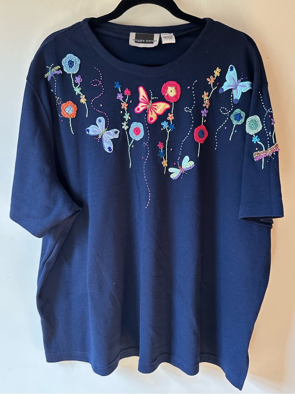 Maggie Barnes Floral Embroidered Beaded Shirt 3X Butterfly Dragonfly